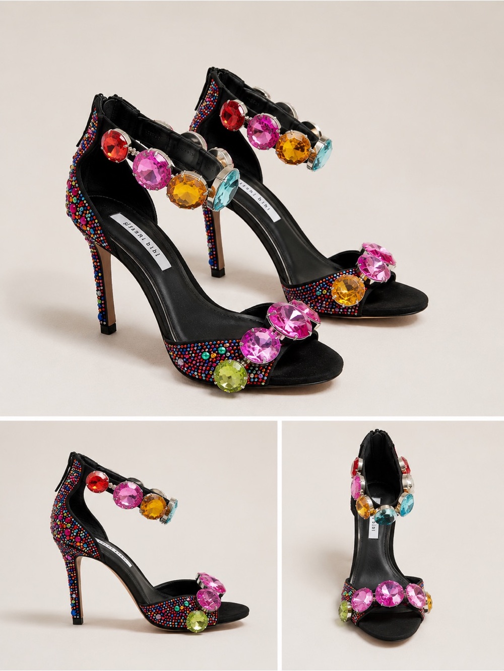 Multicolor Crystal Embellished Black Stiletto Sandals